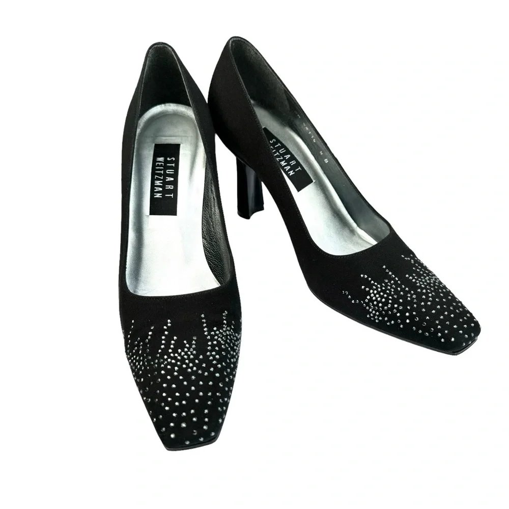 Stuart Weitzman Heels Crystal Embellishment Satin Black Pumps - Picture 3 of 17